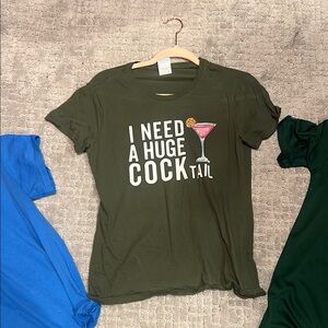 Olive Green Graphic Tee with Cocktail Print